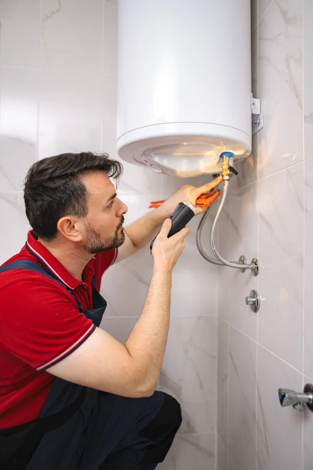 FLO Heating & Plumbing engineer repairing a water heater in Luton